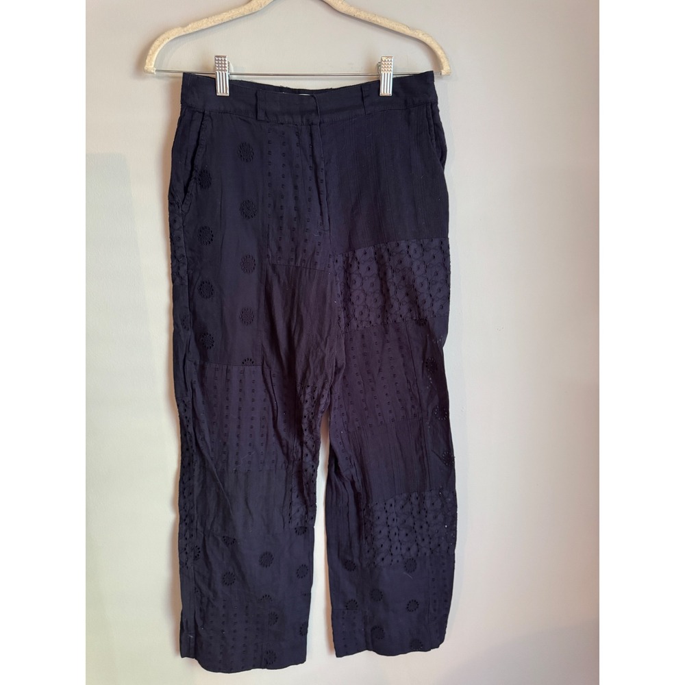 Zara Navy Blue Patchwork Eyelet Embroidered Straight Leg Pants Womens XS
